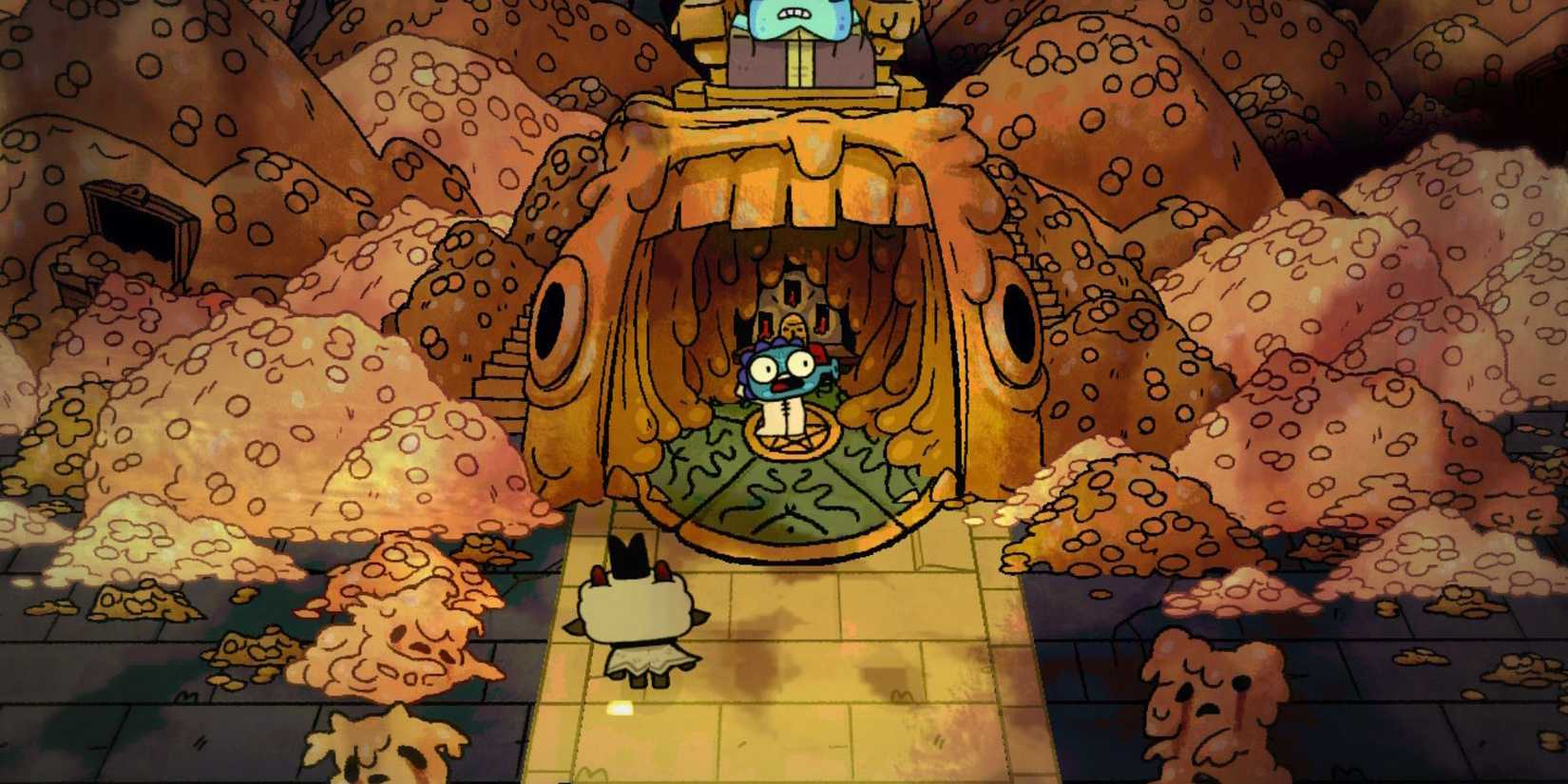 The player watching Midas turn a follower to gold in Cult Of The Lamb, surrounded by other sacrificed followers and a lot of gold coins