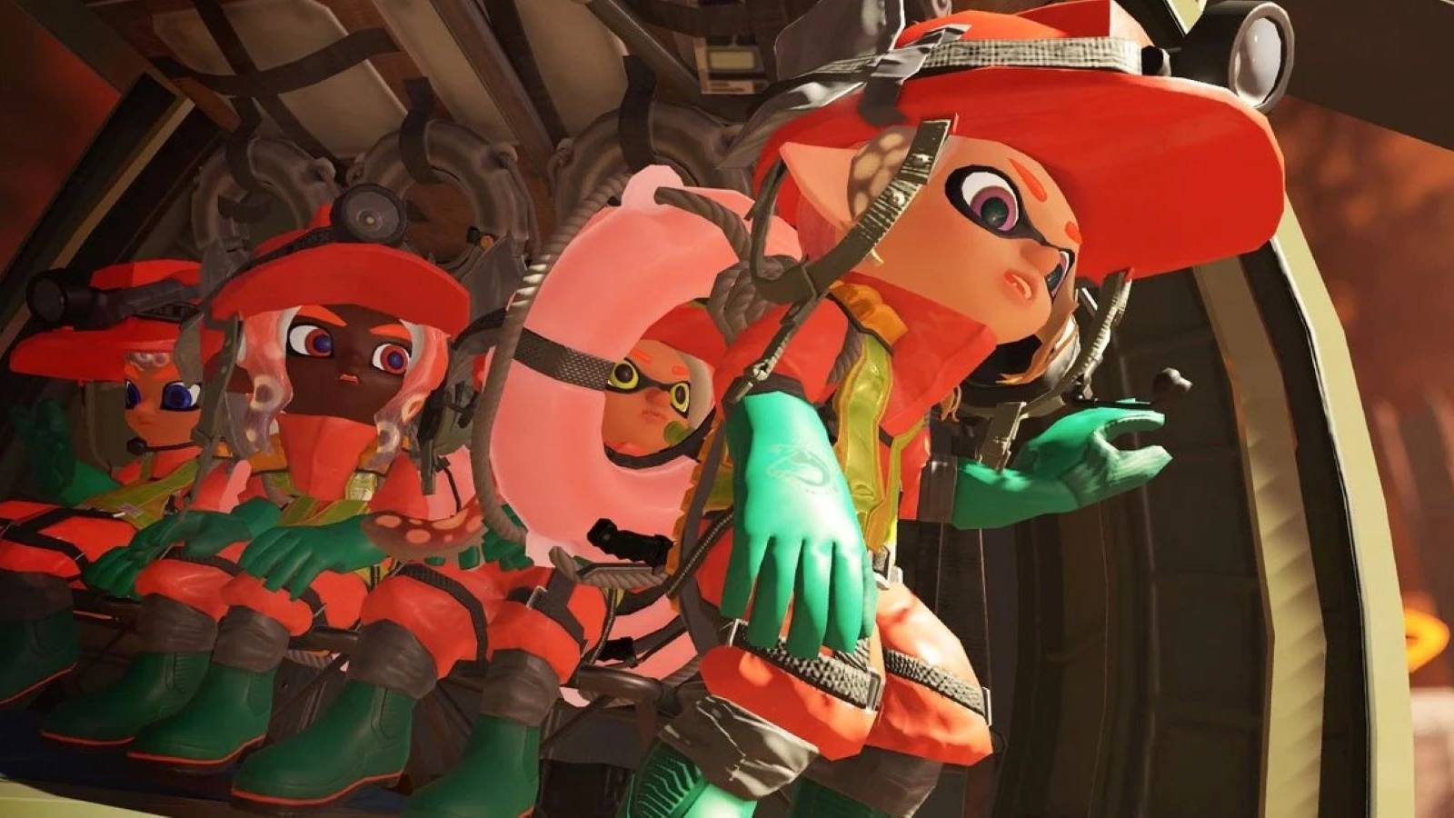 Four Inklings preparing to deploy in Splatoon 3's Salmon Run game mode