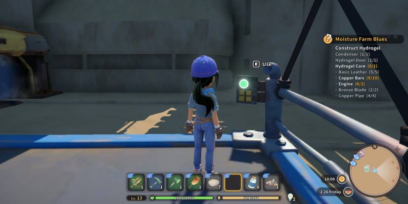 A builder standing on a crane lift in My Time at Sandrock