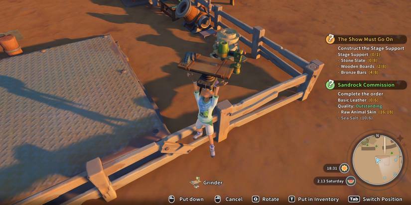 A player holding a grinder in My Time at Sandrock