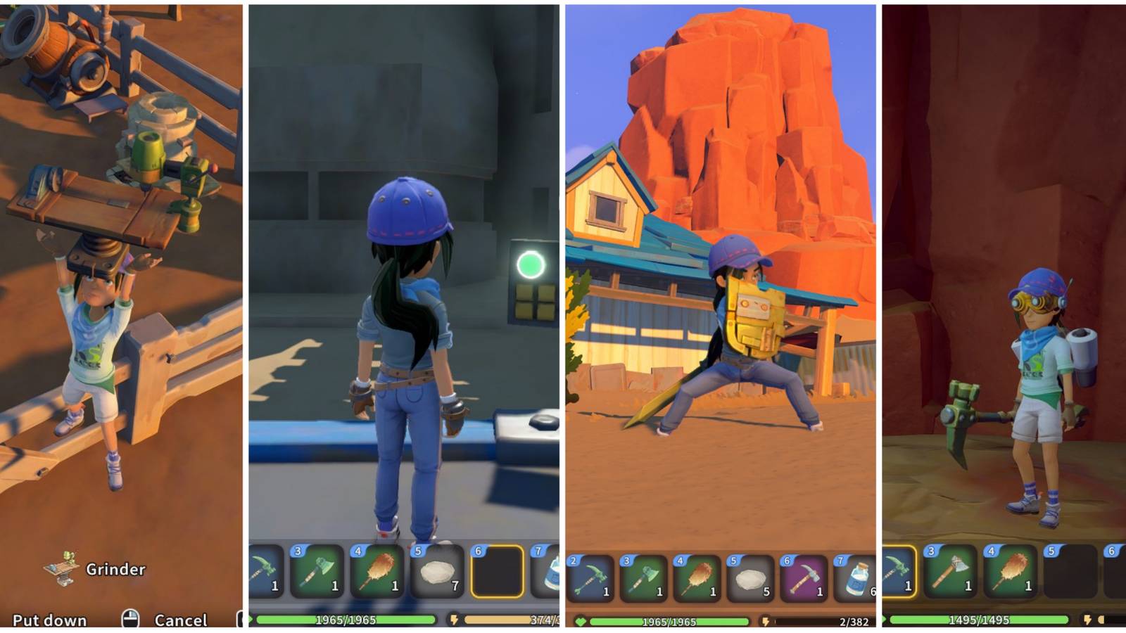 A grinder, crane, sword and shield, and bronze pickhammer from My Time at Sandrock