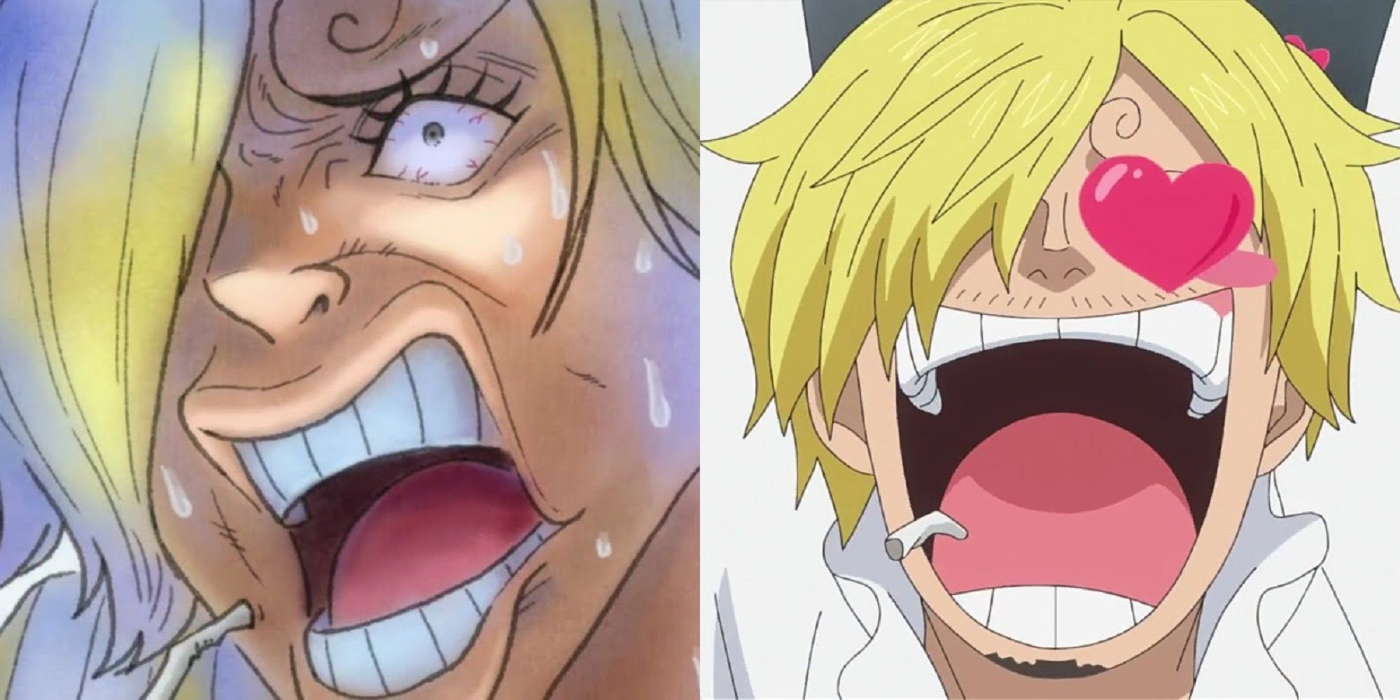 Split image of Sanji's heartbroken and lovey-dovey face faults in One Piece