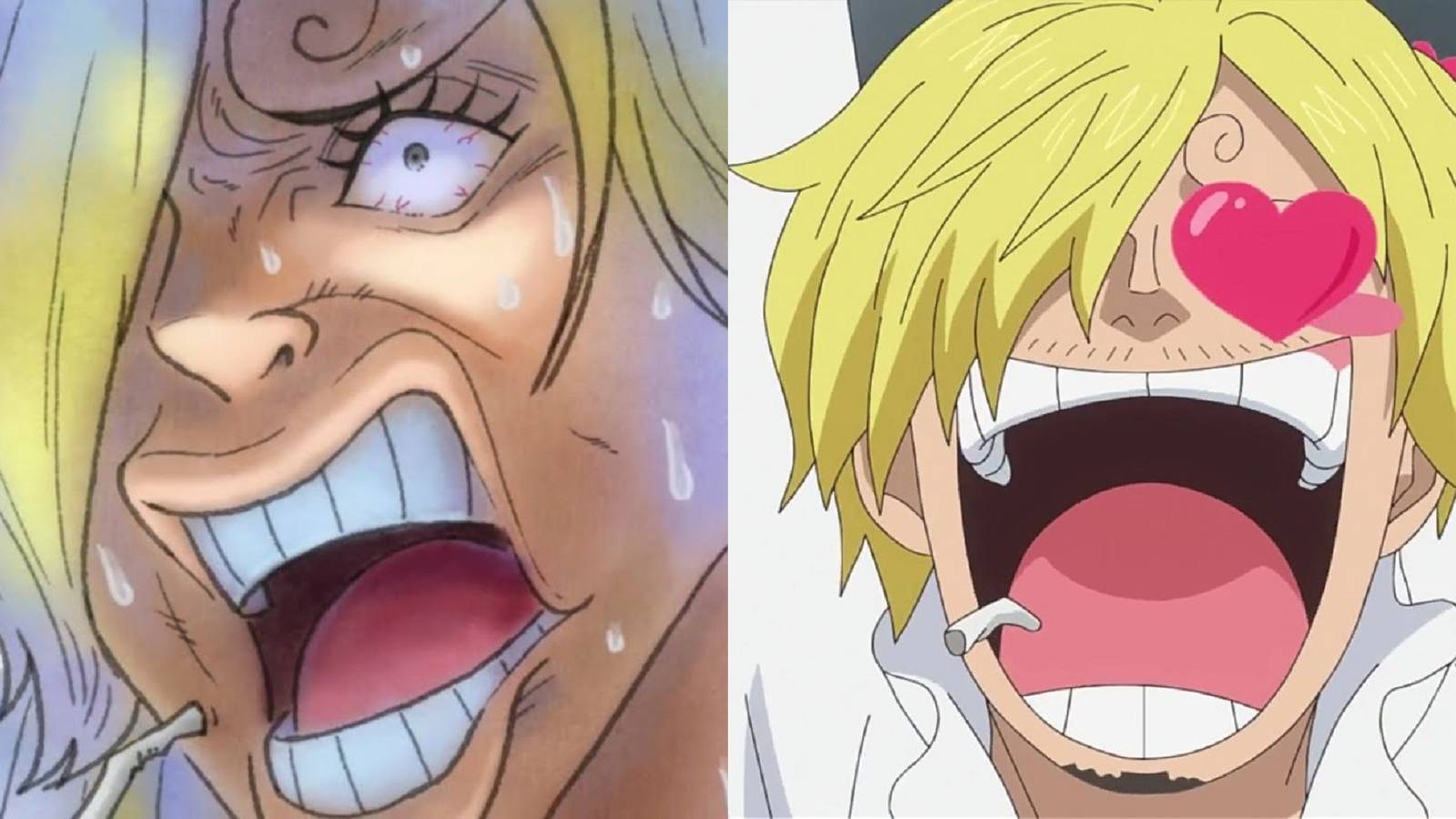 Split image of Sanji's heartbroken and lovey-dovey face faults in One Piece