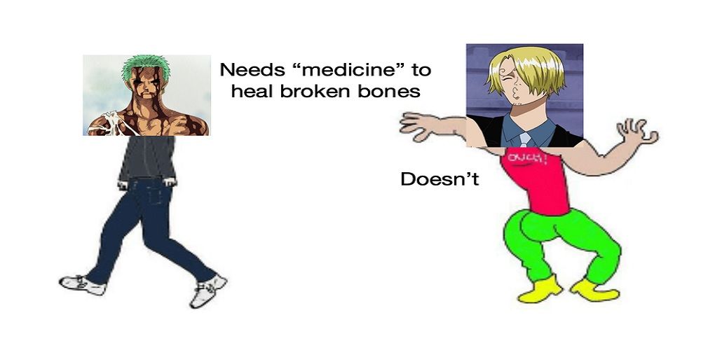 Meme explaining how Sanji's healing process compares to Zoro's in One Piece