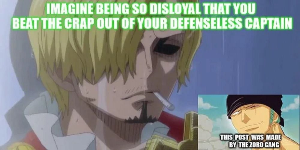 Meme depicting Zoro making fun of Sanji in One Piece