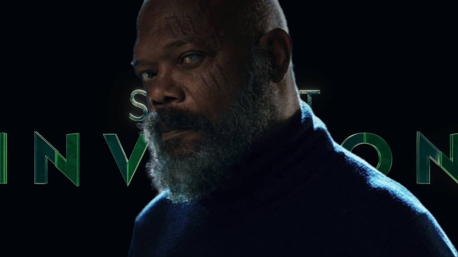 Samuel L. Jackson Nick Fury with Secret Invasion logo background