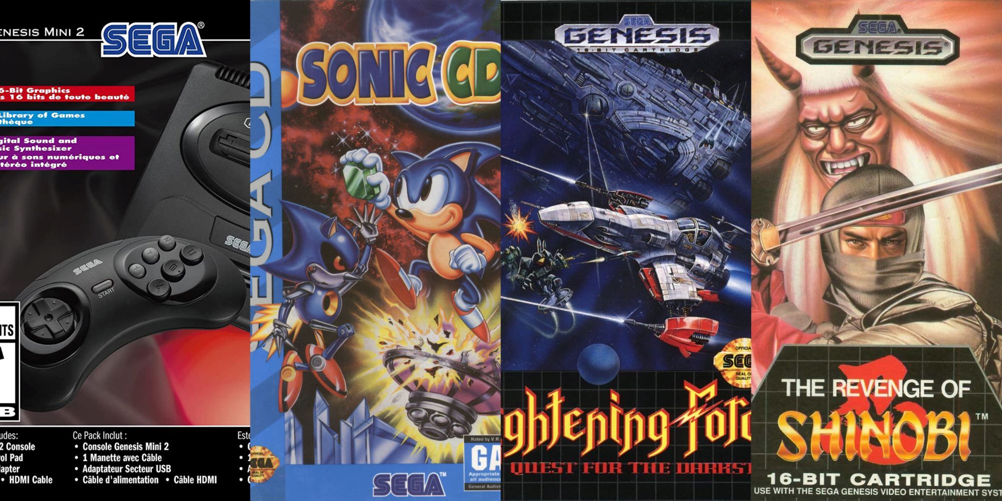 Left - Sega Genesis Mini 2 Box, Left Middle - Sonic CD Box, Right Middle - Lightening Force Box, Right - Revenge of Shinobi Box