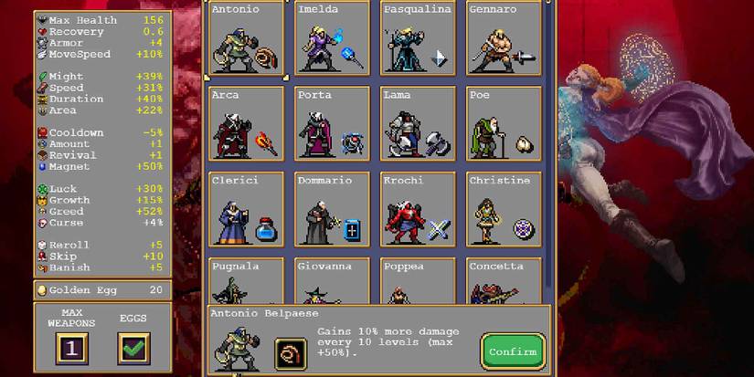 Selecting Antonio in Vampire Survivors