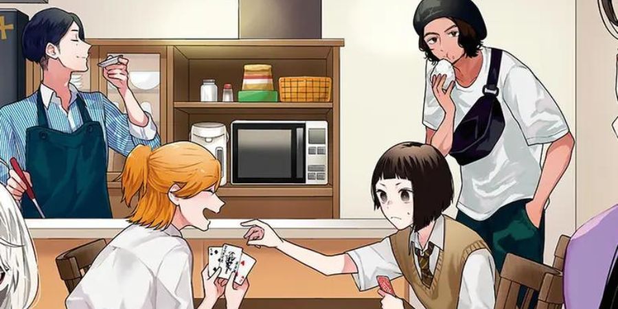 Manga cover featuring 4 characters. From left to right, a young man cooking, a young woman and man playing cards, and a young man eating a rice ball