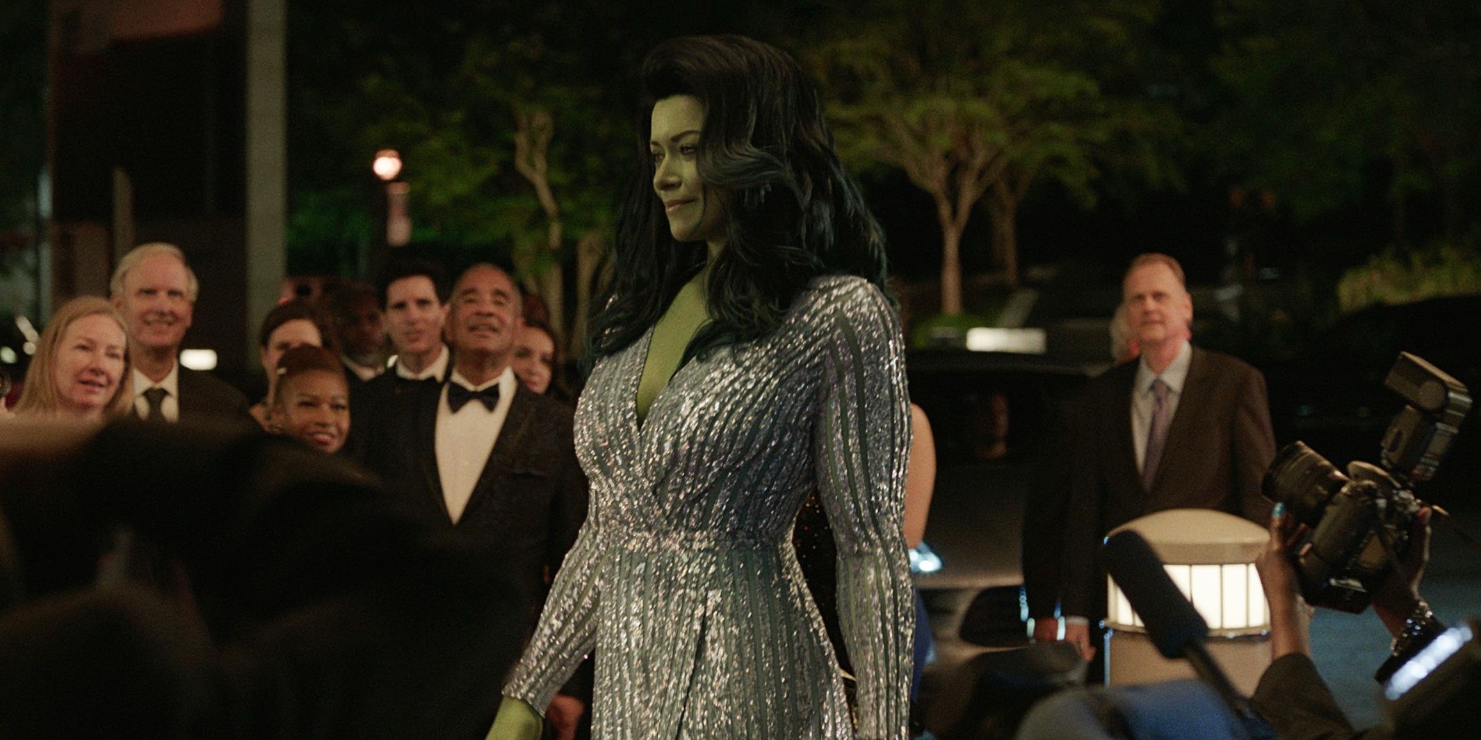 Tatiana Maslani as She-hulk in fancy dress premiere party