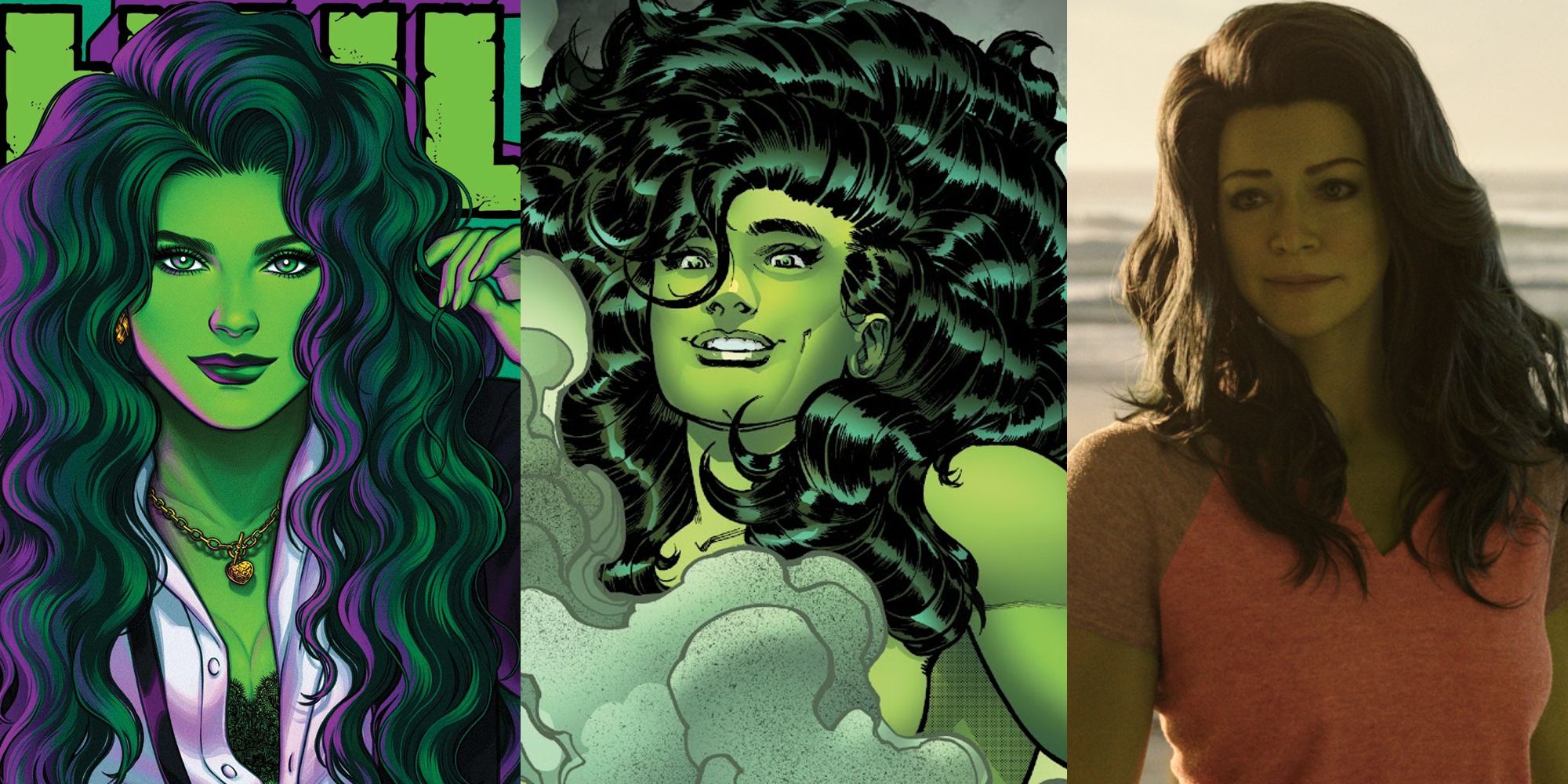 She-Hulk on the cover of her 2022 comic run; She-Hulk after transforming in an Avengers comic; Tatiana Maslany as She-Hulk in Ep 1 of 