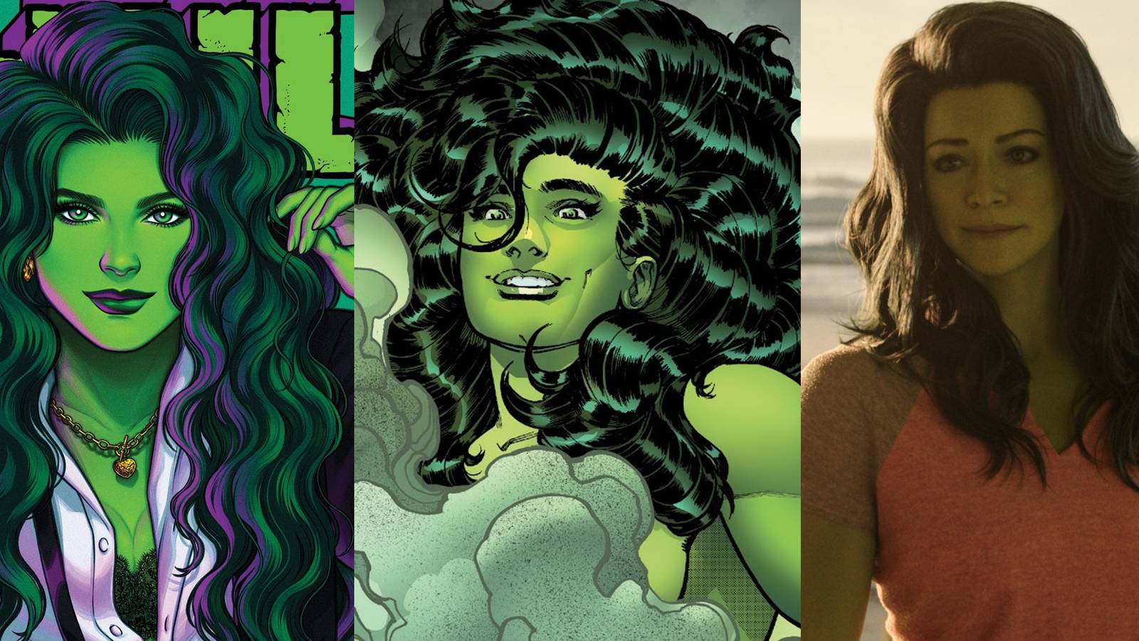 She-Hulk on the cover of her 2022 comic run; She-Hulk after transforming in an Avengers comic; Tatiana Maslany as She-Hulk in Ep 1 of 