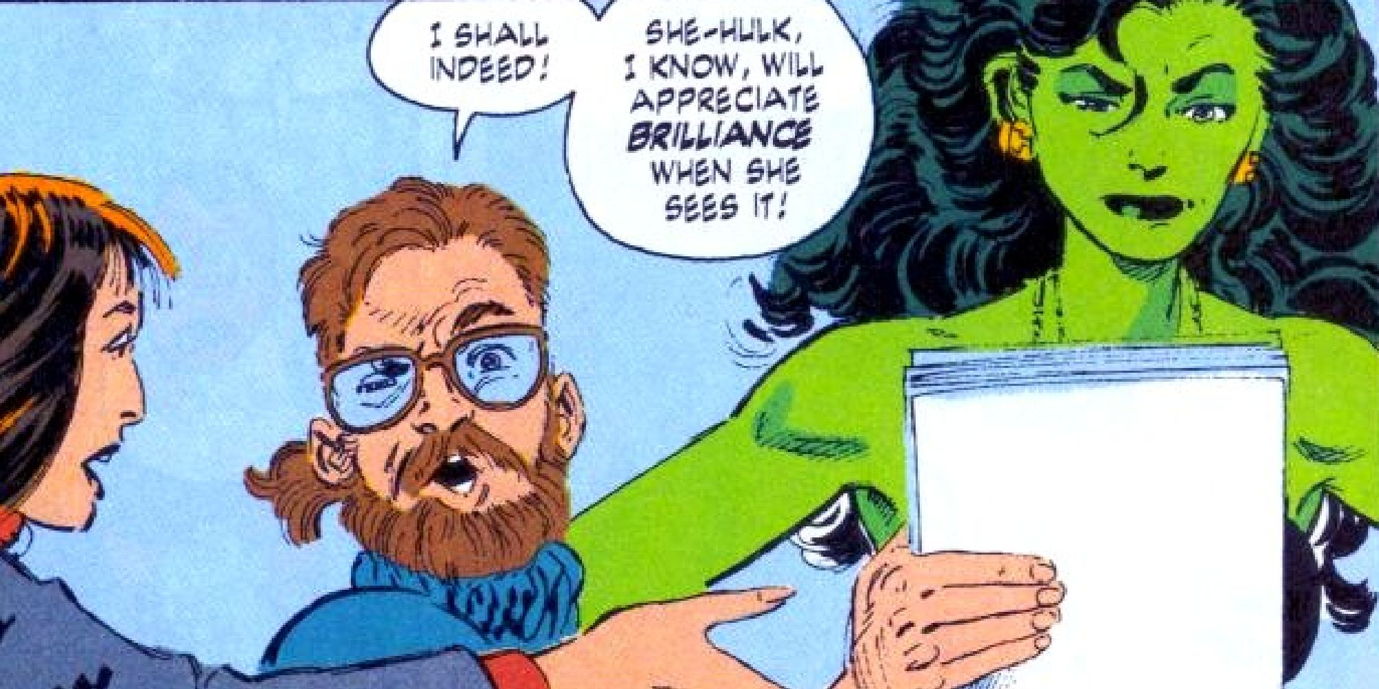 John Byrne handing She-Hulk a comic manuscript in the comics