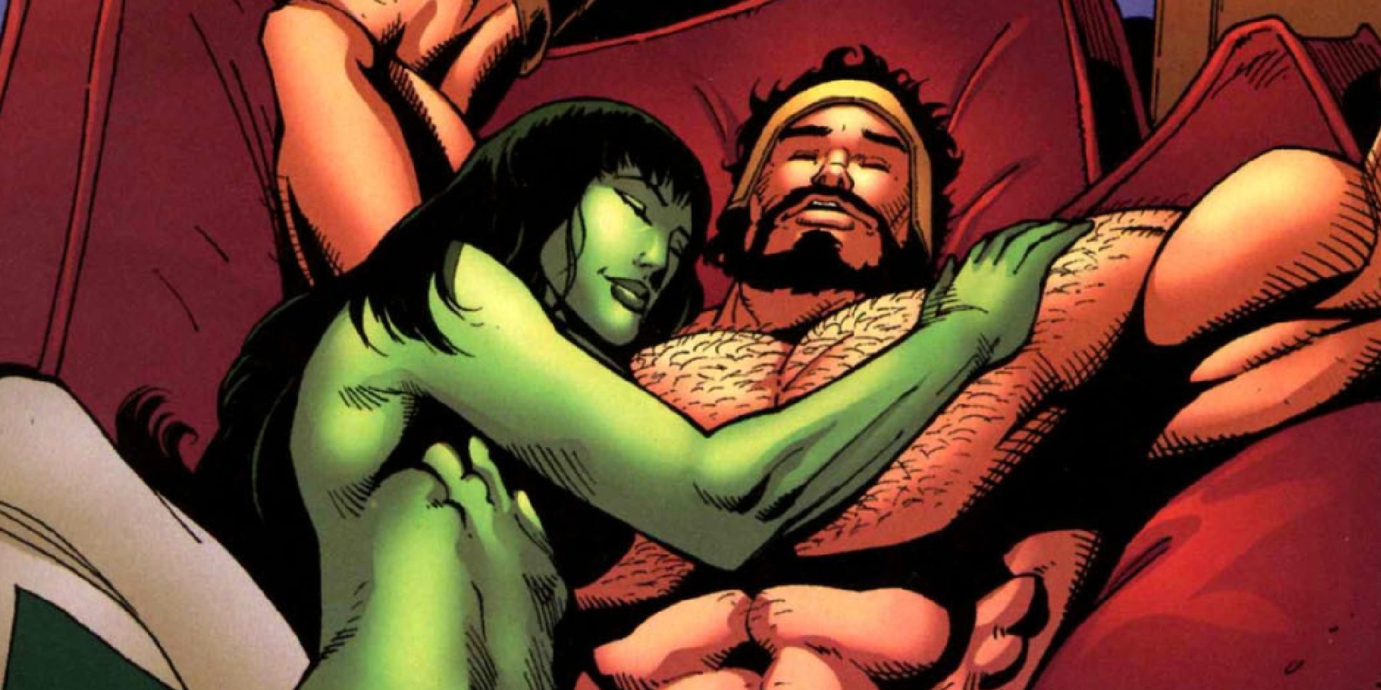 She-Hulk cuddling with Hercules in the comics