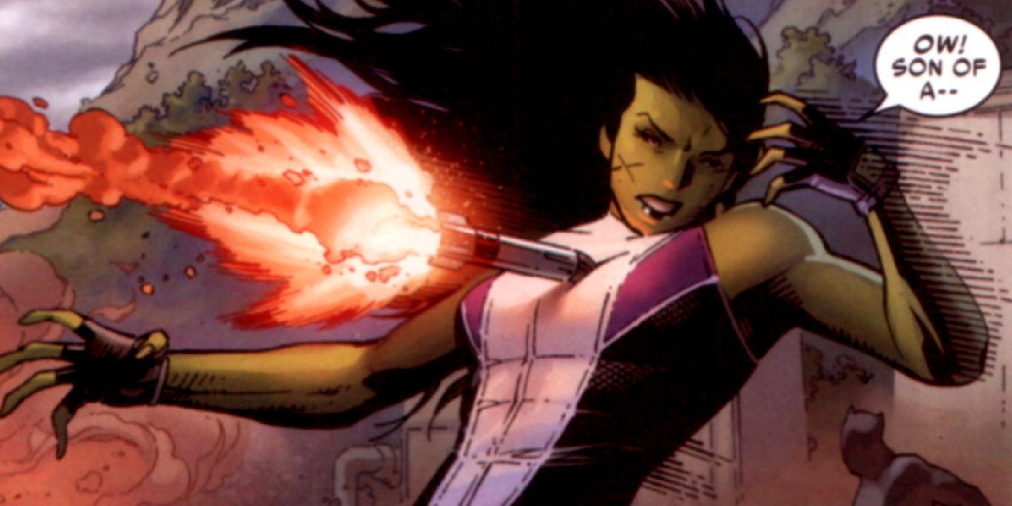 She-Hulk getting hit by a missile from Thanos in Civil War II