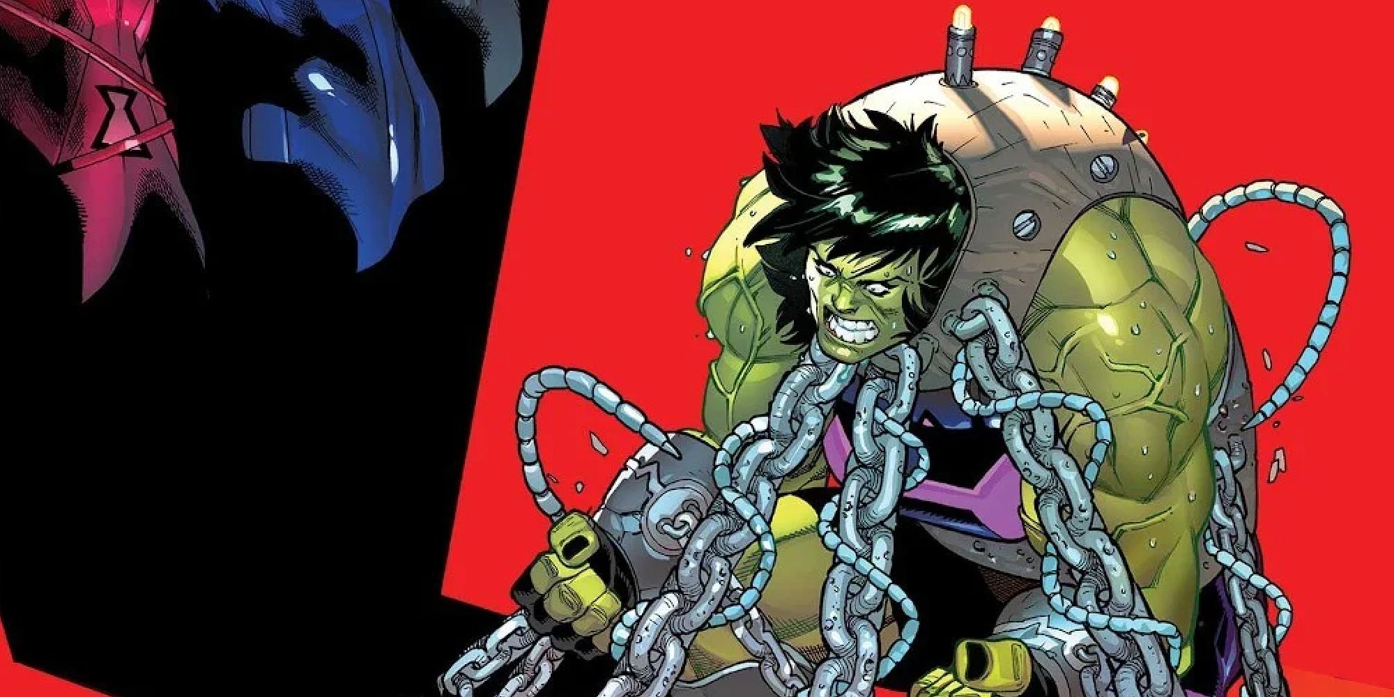 She-Hulk bound by chains on the cover of an Avengers comic