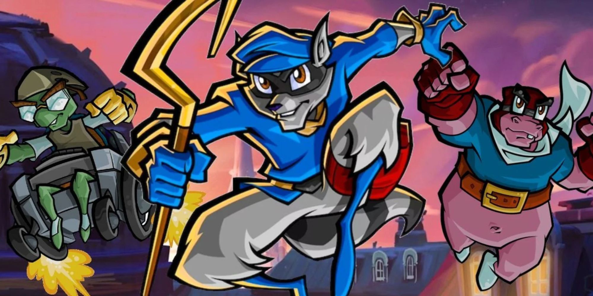 Sly Cooper, Murray and Bentley in a poster for Sly Cooper Three posing like superheroes