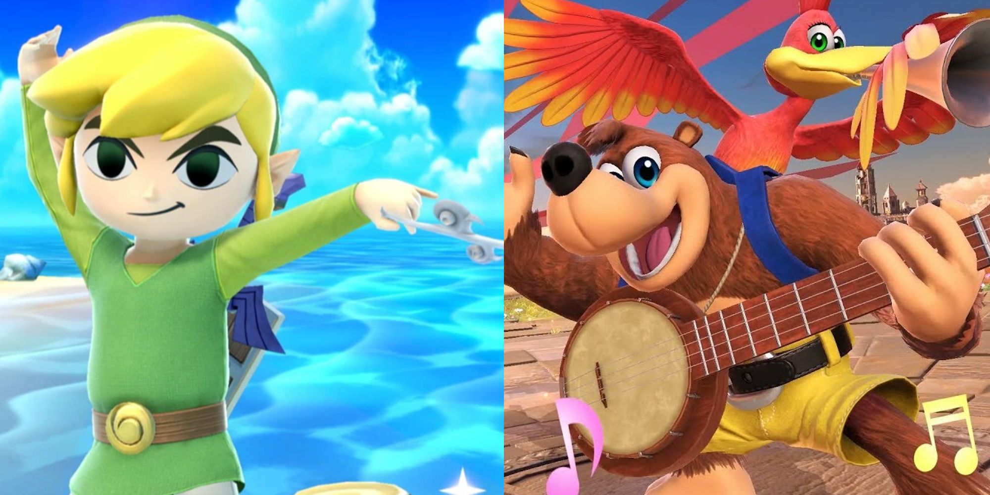Toon Link taunting with the Wind Waker; Banjo-Kazooie with their instruments in a victory pose