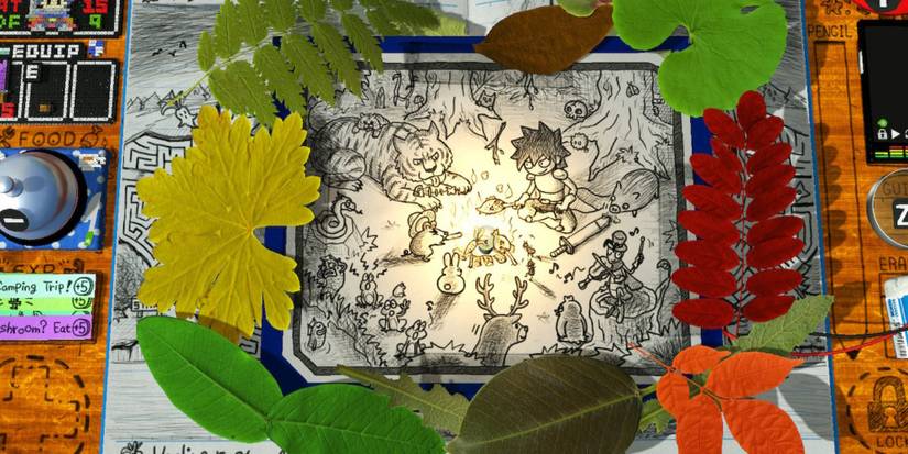 A screenshot of Wright and a selection of characters in RPG Time: The Legend Of Wright sat round a bonfire