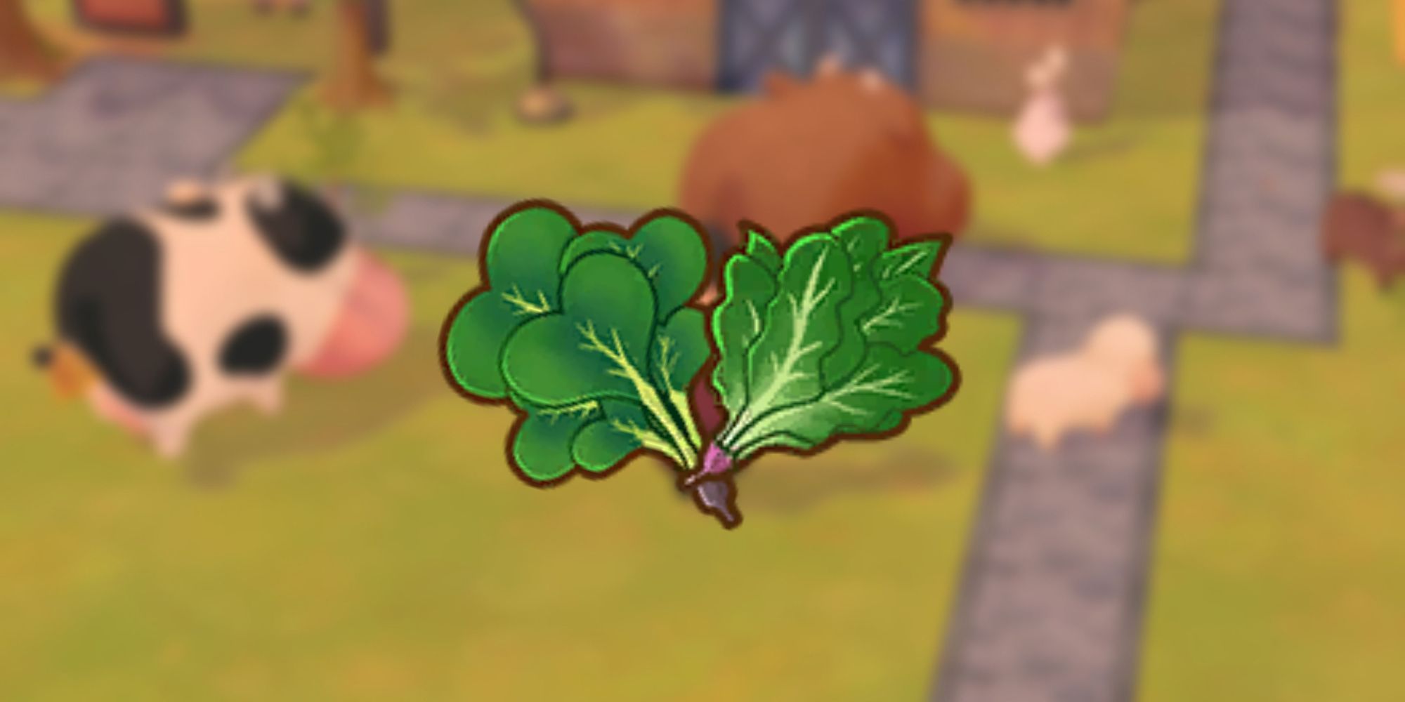 Spinach and Heart Spinach icon as it would be seen in players inventory over blurred background of player and cows in game
