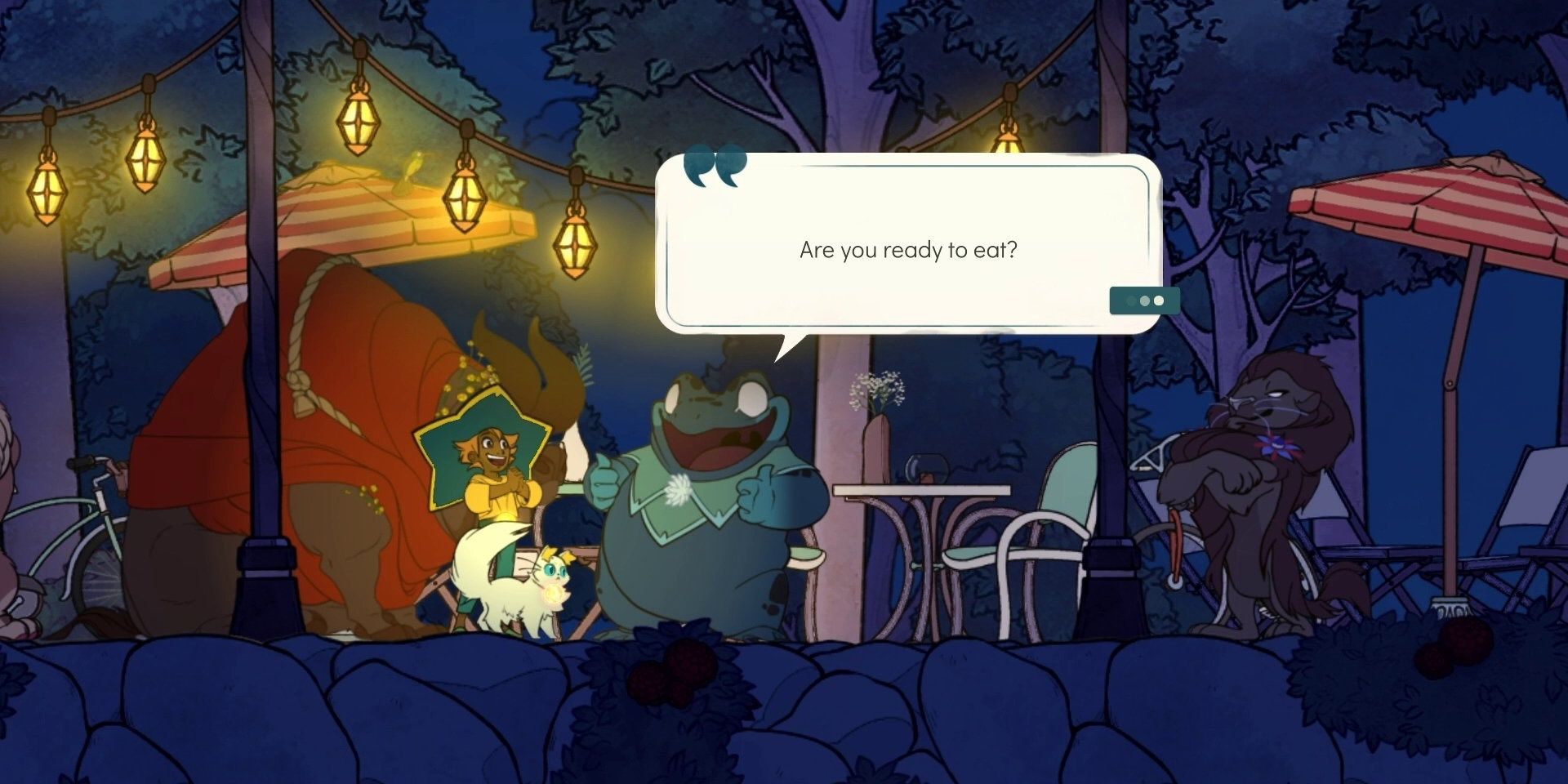 The large blue frog called Atul asks the player if they are ready to eat in Spiritfarer