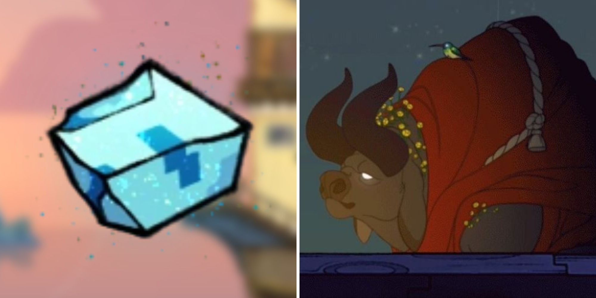 On the left is an image of Pulsar ore and on the right is a image of Bruce the Humming bird and Mickey the Bull from Spiritfarer