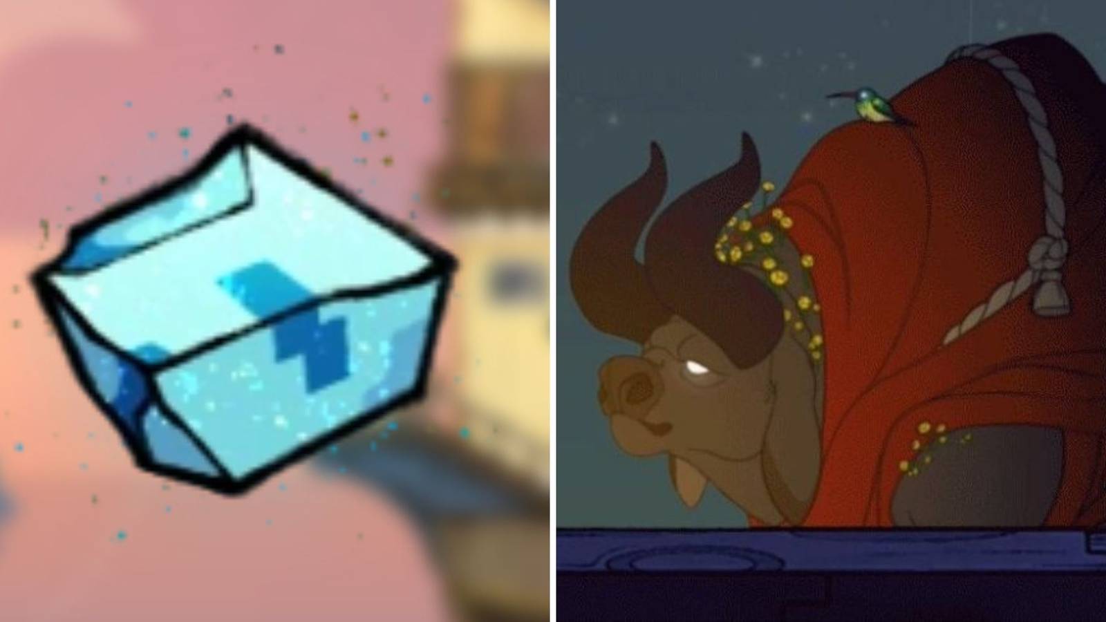 On the left is an image of Pulsar ore and on the right is a image of Bruce the Humming bird and Mickey the Bull from Spiritfarer