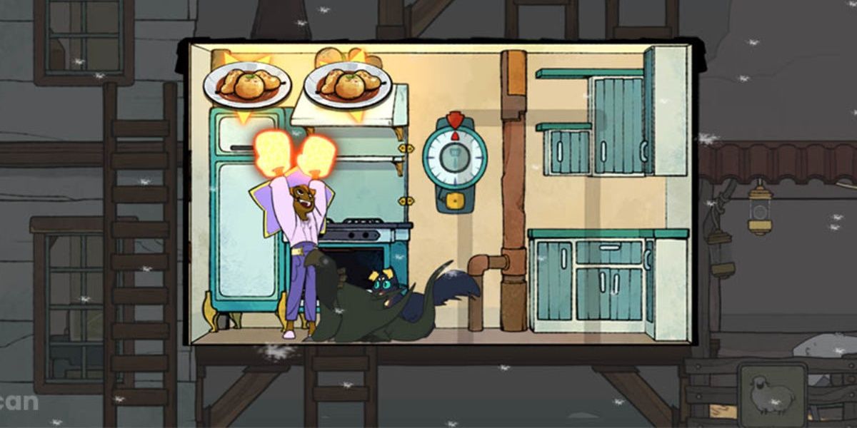 The player cooking food in the kitchen in Spiritfarer