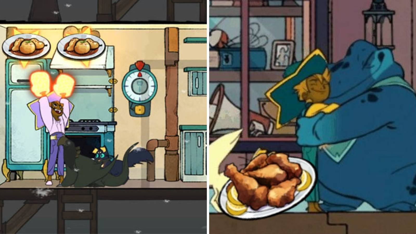 A player cooking in the kitchen in one image and hugging the blue frog Atul in the other in the game Spiritfarer