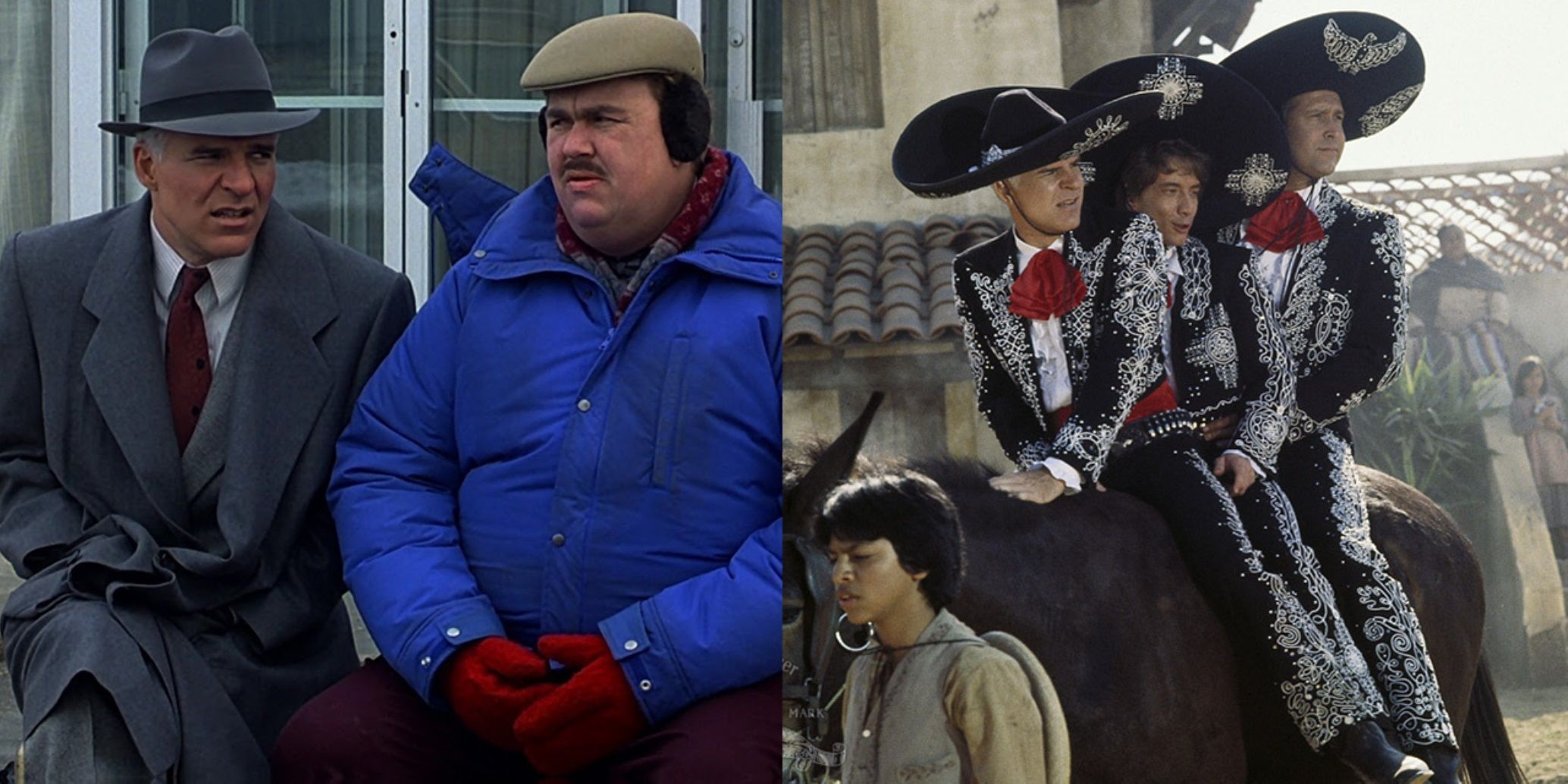 Split image of Del and Neal in Planes, Trains and Automobiles and the Three Amigos on horseback