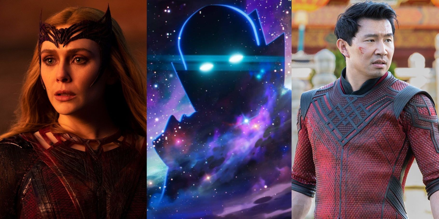 Split image of Wanda in Multiverse of Madness, the Watcher in What If, and Shang-Chi in Shang-Chi and the Legend of the Ten Rings