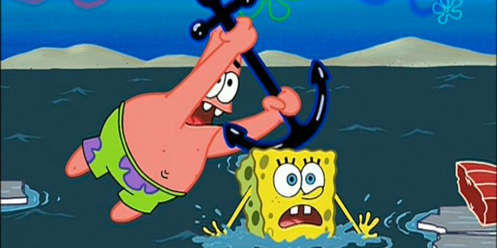 Patrick, panicked, hits SpongeBob, who is struggling in the water, with an anchor. Image source: SpongeBob.fandom.com