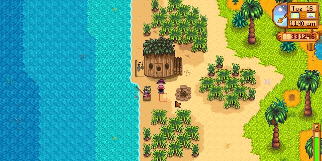 Birdie fishing as a player stands behind her at her hut in Stardew Valley
