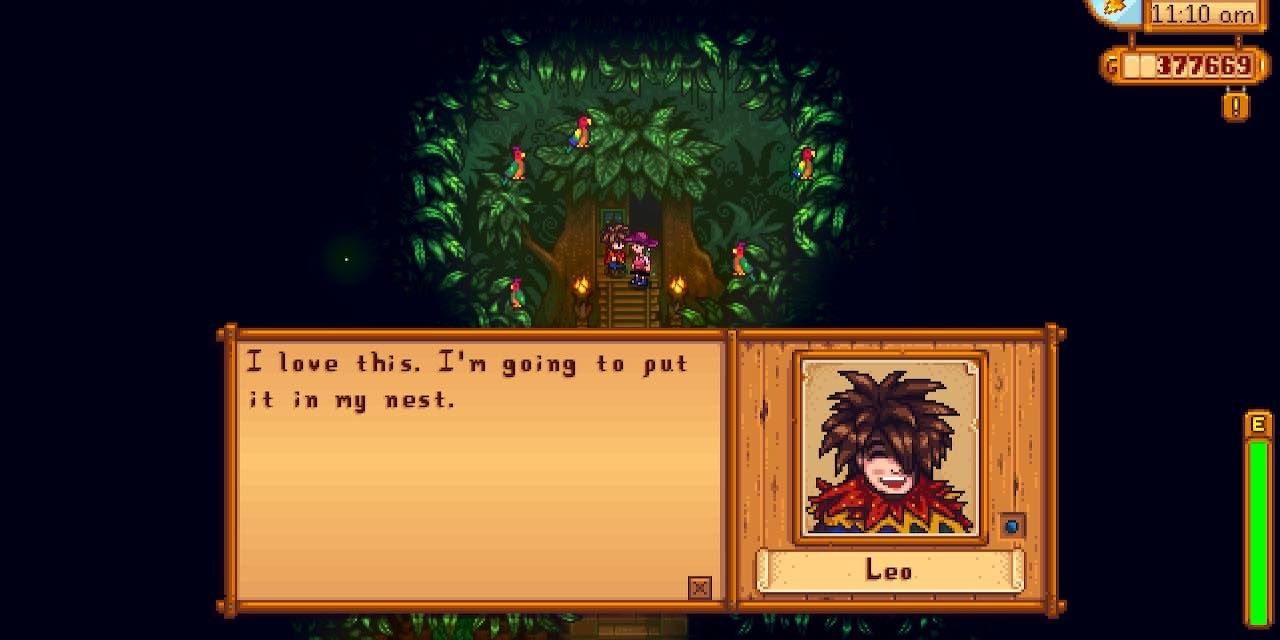 Leo stating "I love this. I'm going to put it in my nest" in Stardew Valley