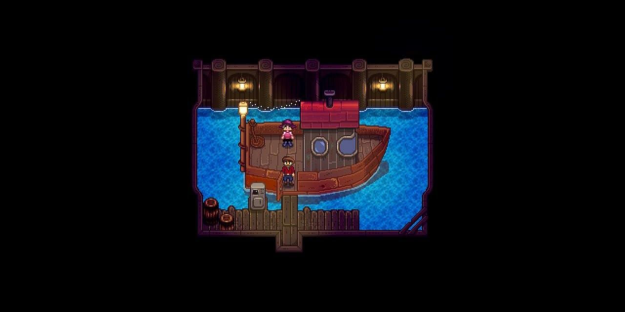 A player standing on Willy's repaired boat in Stardew Valley