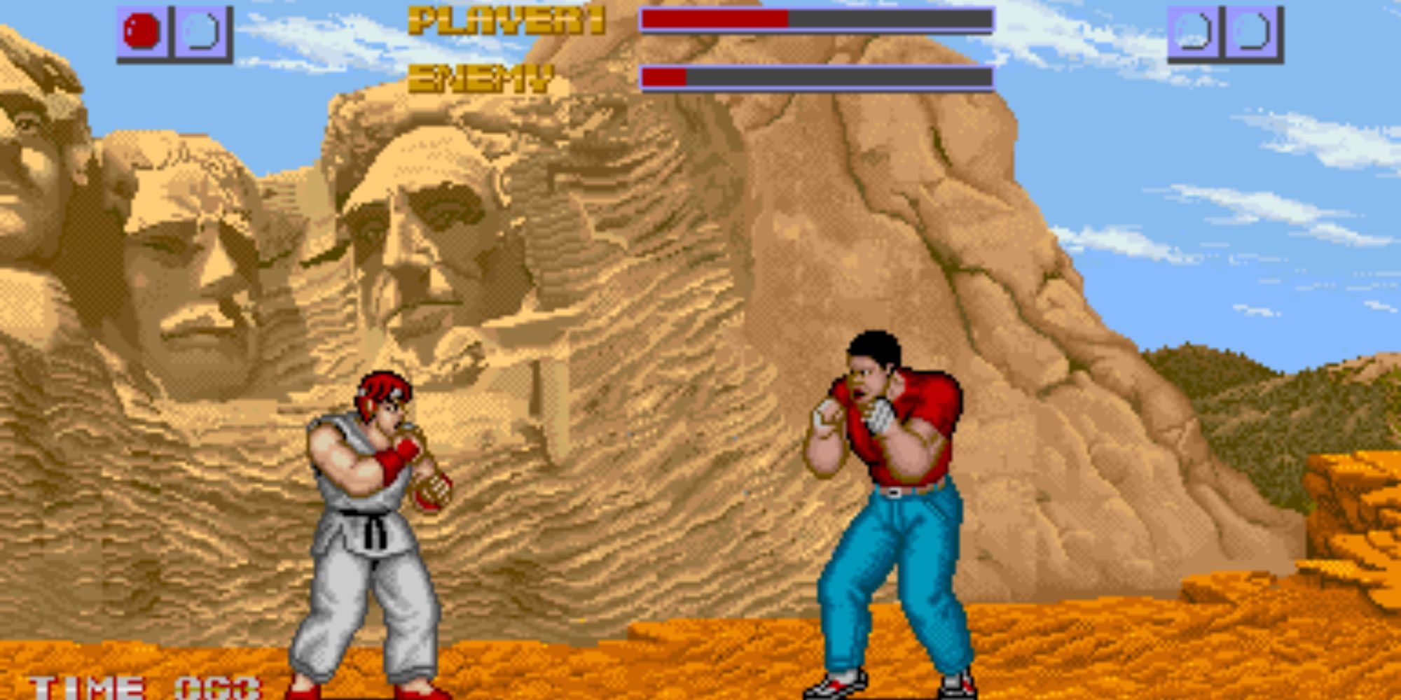 Ryu and Balrog fighting at Mt. Rushmore in the first Street Fighter 