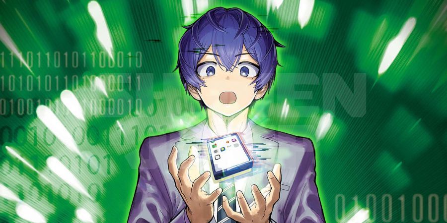 A young man with blue hair with a floating smartphone in his hands