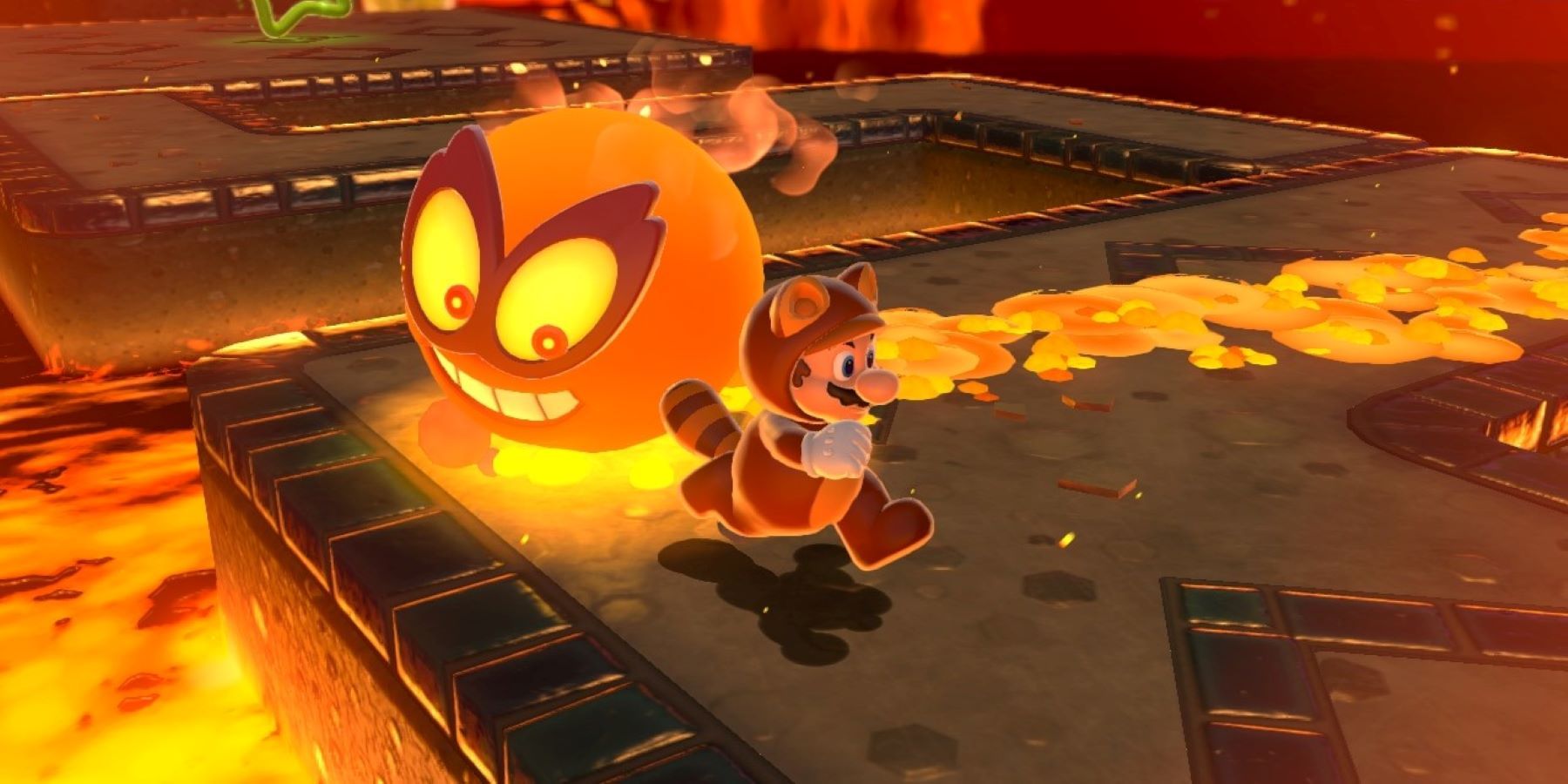 Tanooki Mario running away from an enemy on a fire level in Super Mario 3D World