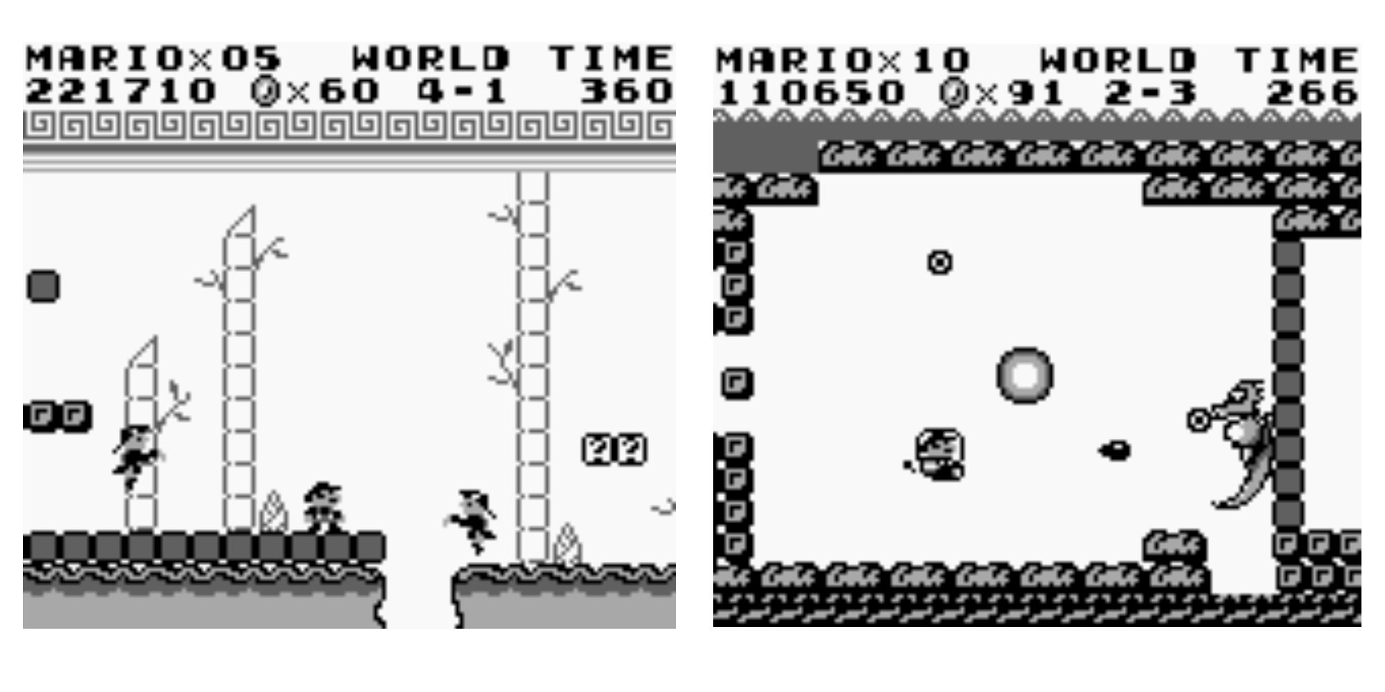 2 Super Mario Land Screen Shots: Left - Mario in World 4 fighting Chinese vampires, Right - Mario in a Submarine fighting a giant Sea Horse 