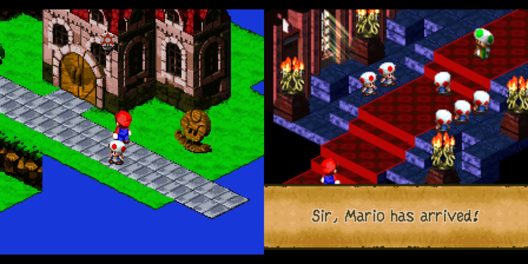 Left - Entering Toad Town, Right - Meeting with the Mushroom Kingdom's Chancellor