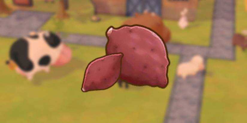 Sweet Potato and Giant Sweet Potato Icon as it would be seen in players inventory over blurred background of player and cows in game