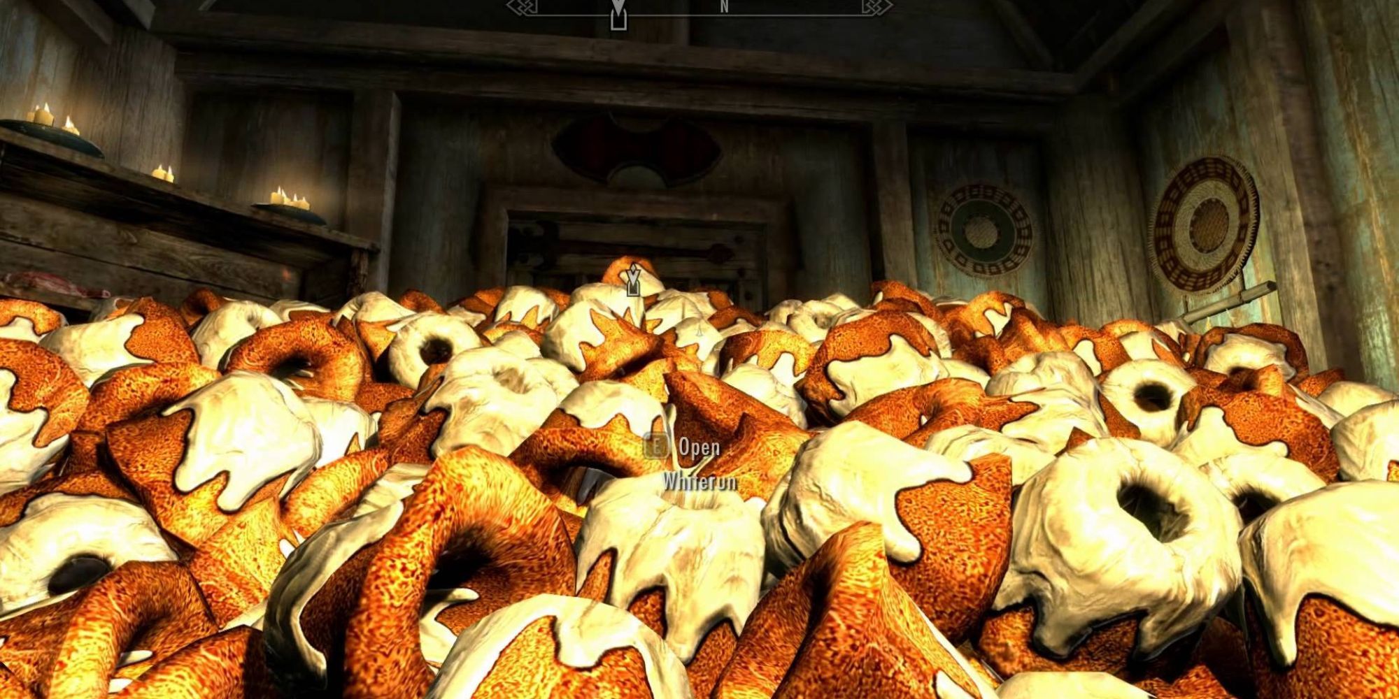A modded version of Skyrim where the player has filled the room with Sweetrolls, and a quest marker leading to Whiterun