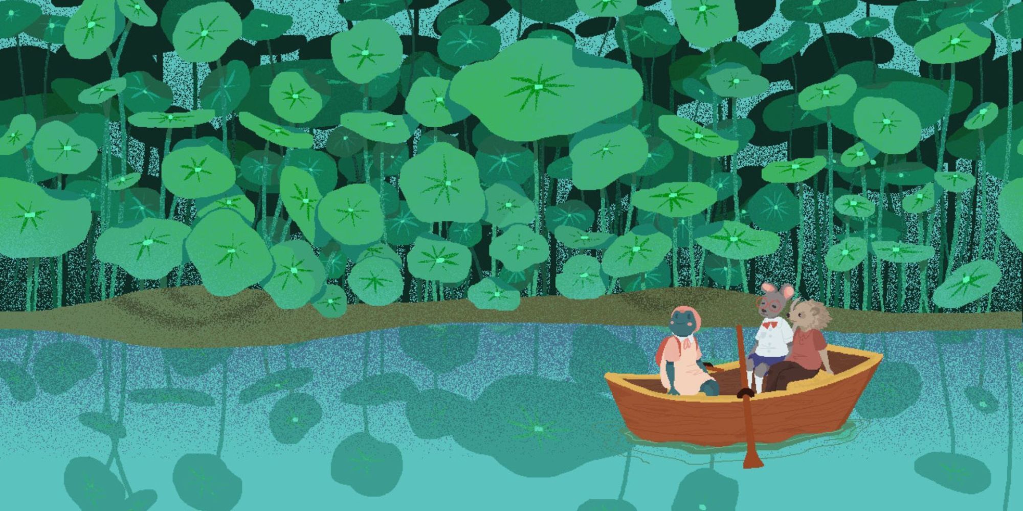 Teacup and friends in a boat on a river surrounded by plants in Teacup