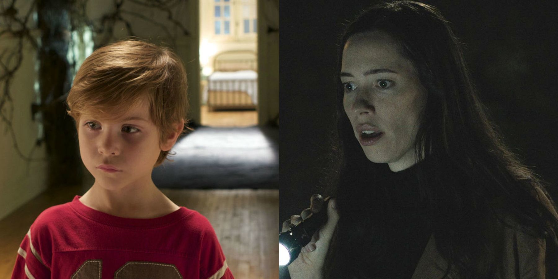Split image of Jacob Tremblay as Cody in Before I Wake and Rebecca Hall as Beth in The Night House