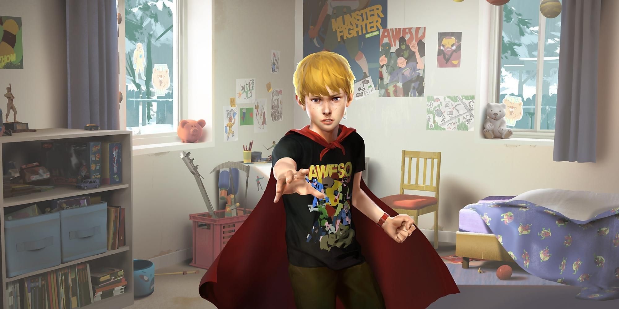 Protagonist Chris stands posing in his alter ego Captain Spirit in his bedroom