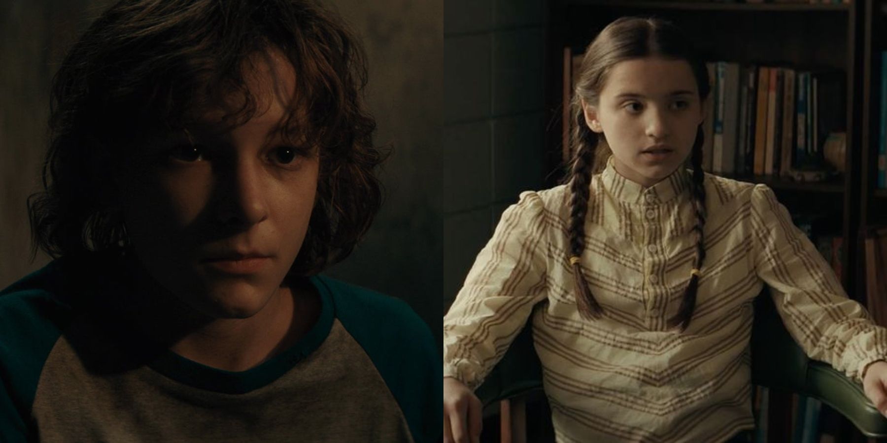 Split image of Finney (Mason Thames) and Gwen (Madeline McGraw) in The Black Phone