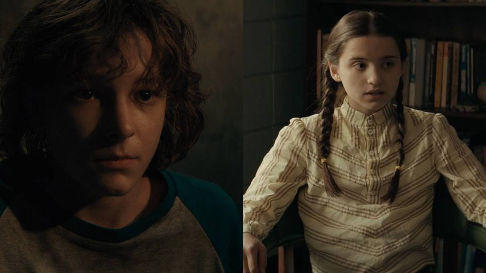 Split image of Finney (Mason Thames) and Gwen (Madeline McGraw) in The Black Phone