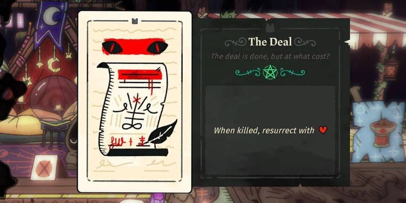 The Deal tarot card from Cult of the Lamb, it shows a piece of paper with a symbol on it, there is a pair of red eyes above it