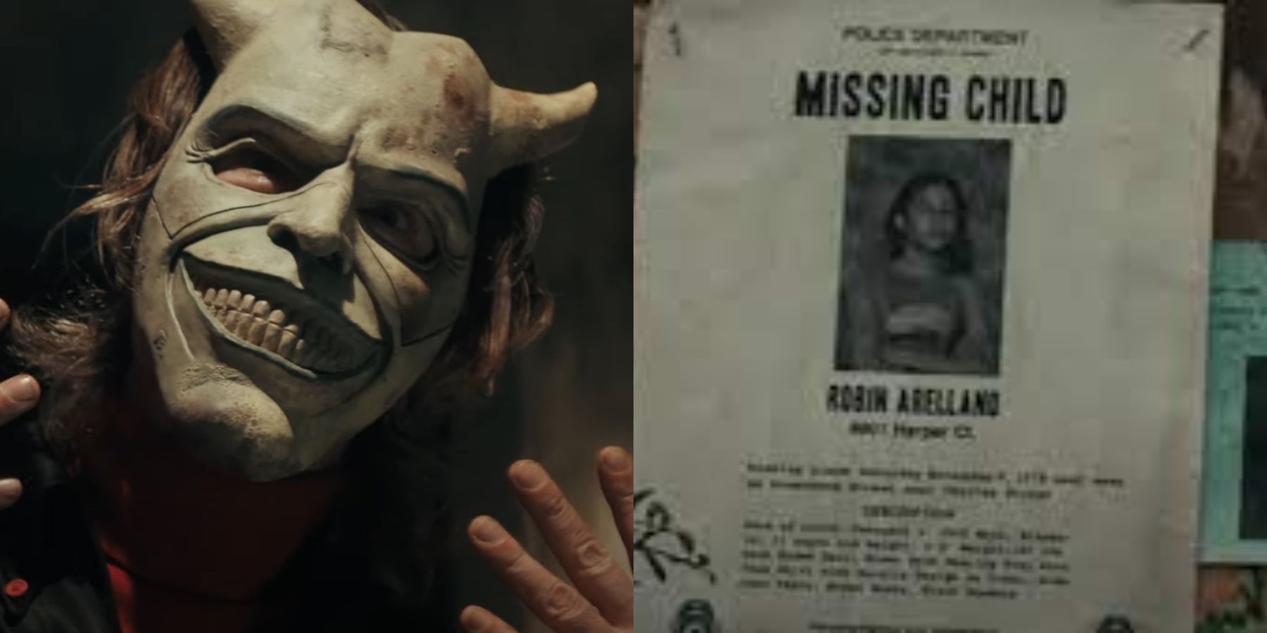 Split image of The Grabber and Robin's Missing Child Poster in The Black Phone