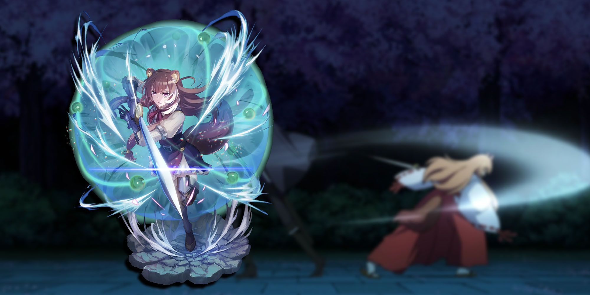 The Rising Of The Shield Hero - Raphtalia Cutting Someone Down With The Vassal Katana And A PNG Of Raphtalia From The Rerise Mobile Game Overlaid On Top